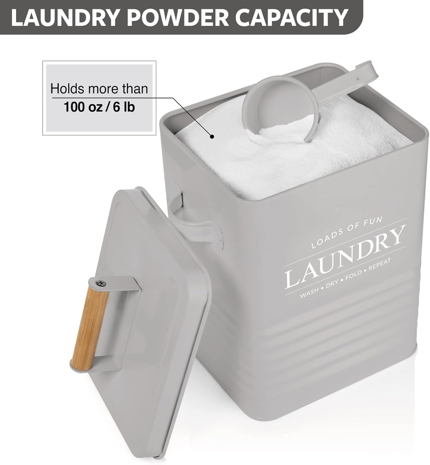 Calindiana Modern Farmhouse Metal Laundry Soap Dispenser Container Holder with Scoop for Laundry Room Decor and Space Saving Laundry Room Organization and Storage, Laundry Powder Container, Grey