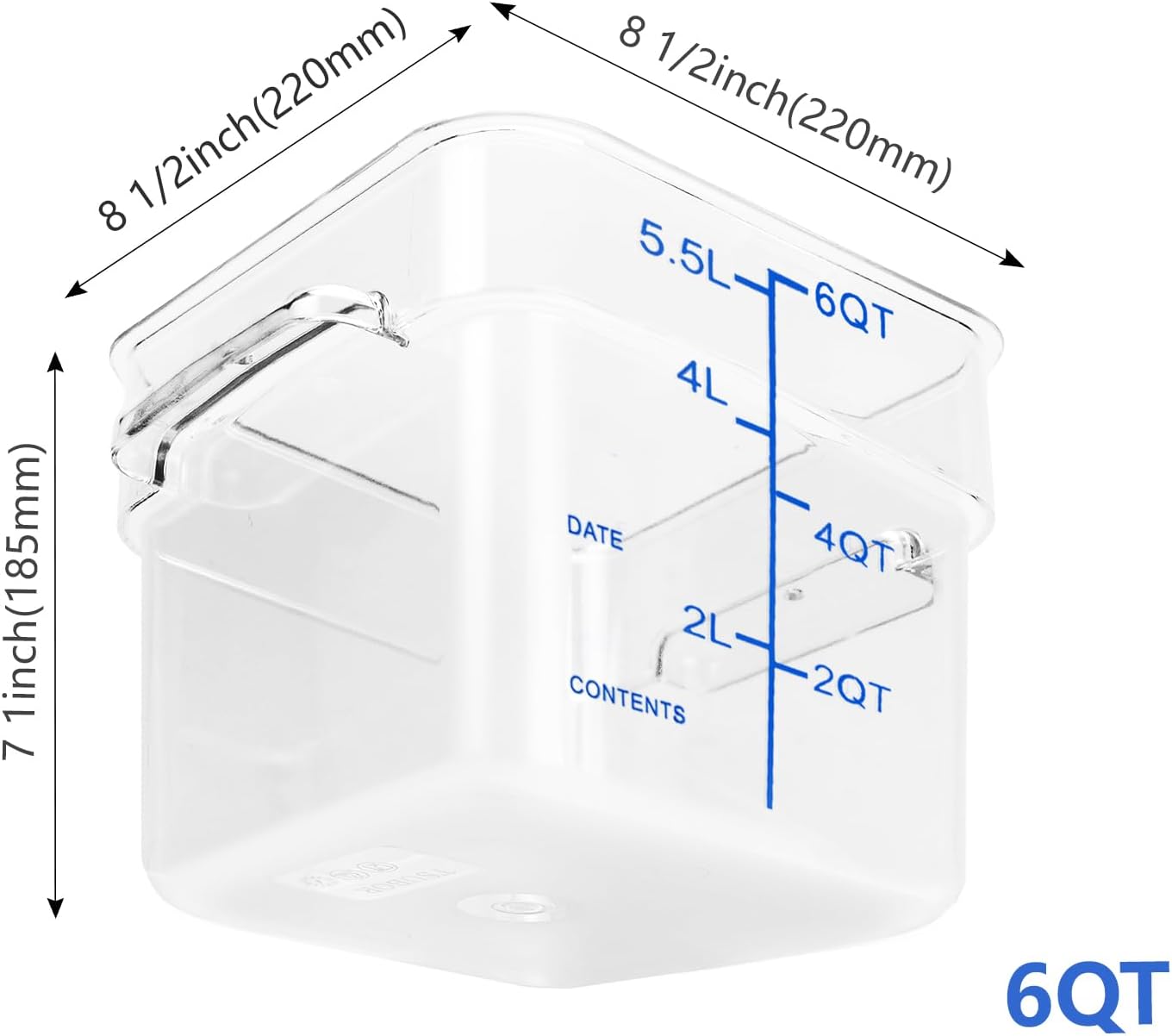 4 Pack Food Storage Containers with Blue Lids, 6.0 Qt - Square, Clear, Polycarbonate