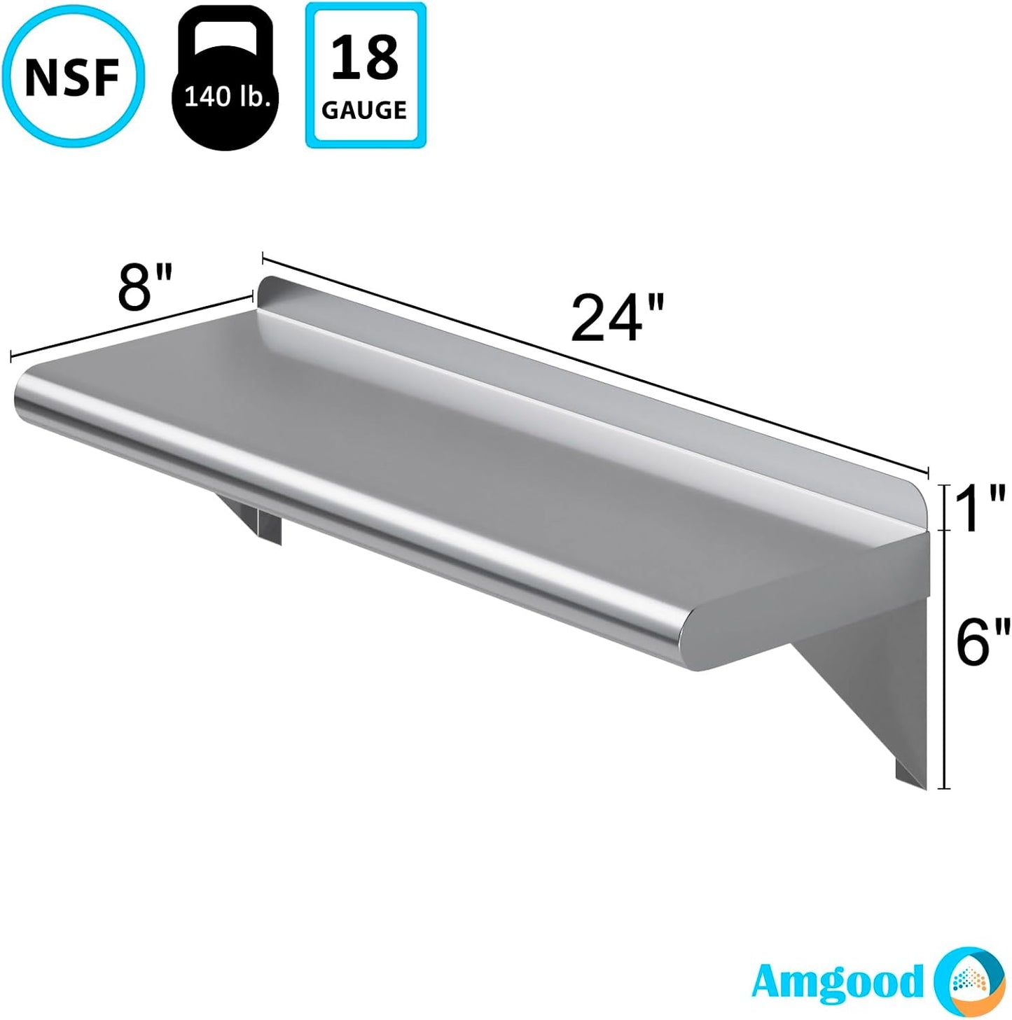 AmGood 8" X 24" Stainless Steel Wall Shelf | Metal Shelving | Garage, Laundry, Storage, Utility Room | NSF | Restaurant, Commercial Kitchen