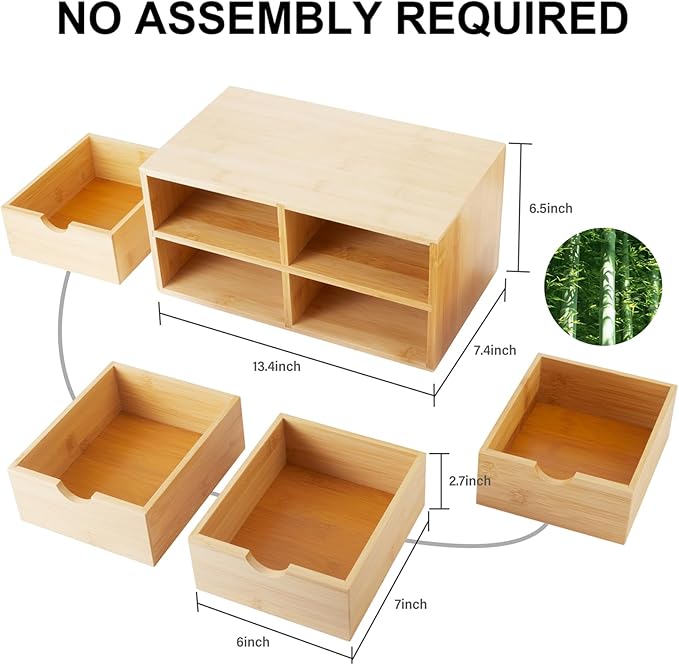 Bamboo Desk Organizer 4 Drawers, Countertop Organizer with Drawers Makeup Storage Drawer 4 Drawers Tabletop Storage Organization Box Home Office Workspace
