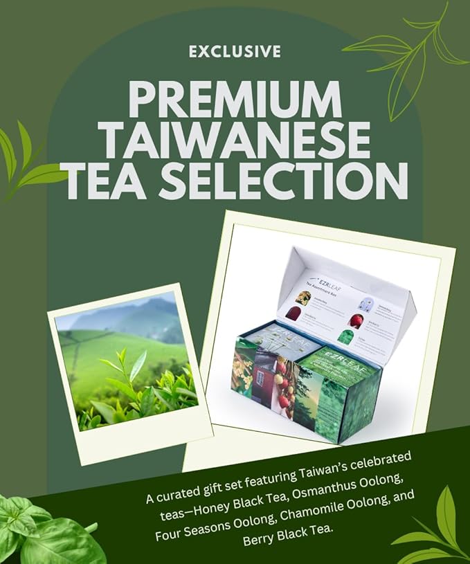 EZR Leaf Tea Sampler Gift Box – 22 Pyramid Tea Bags with Taiwan Black, Osmanthus Oolong, Chamomile Oolong, Berry Black, Four Seasons Green – Flavored Assorted Tea Set for Gifting & Tasting