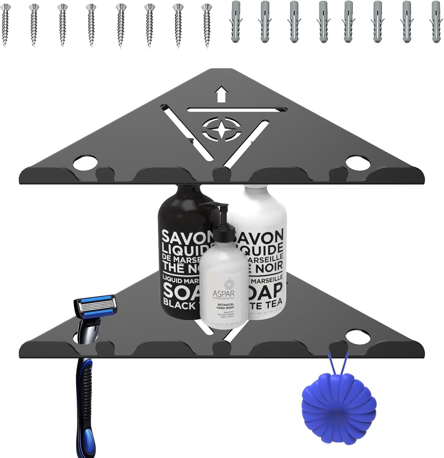 2 Pack Corner Shower Shelf, 10" 304 Stainless Steel Modern Corner Shower Shelf for Inside Shower, Heavy Duty Shower Caddy Organizer with Razor Hole, Drilling Installation (Black, 10")