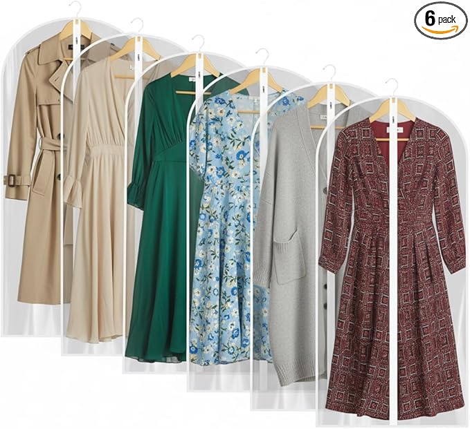 All Clear Garment Bags for Travel - 48” PEVA Waterproof Suit Cover with Zipper for Hanging Clothes, long dress - Durable Dresser for Closet Storage, Dustproof & Moisture Resistant - 48”/6 Pack