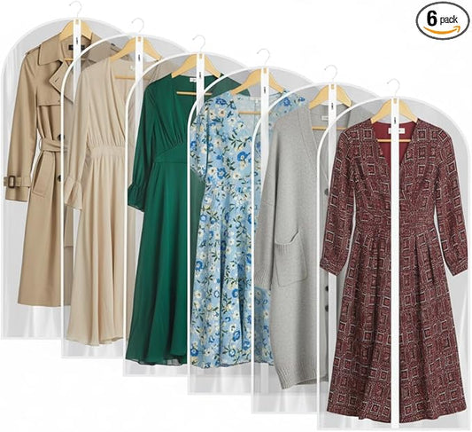 All Clear Garment Bags for Travel - 48” PEVA Waterproof Suit Cover with Zipper for Hanging Clothes, long dress - Durable Dresser for Closet Storage, Dustproof & Moisture Resistant - 48”/6 Pack