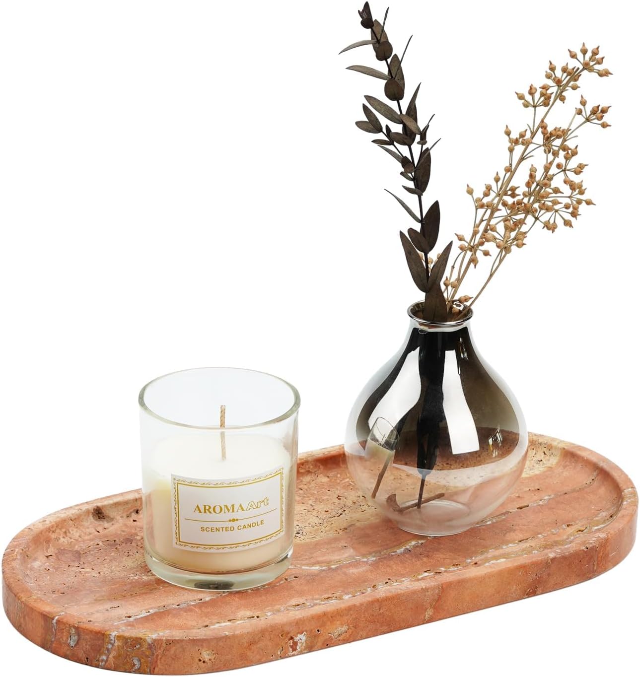 Koville Turkish Natural Travertine Tray, 12"x6" Vanity Decorative Marble Wabi Sabi Decor for Home, Countertop Organizer, Catchall for Perfume, Candles, Jewelry Dish