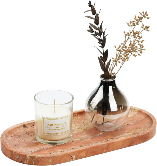 Koville Turkish Natural Travertine Tray, 12"x6" Vanity Decorative Marble Wabi Sabi Decor for Home, Countertop Organizer, Catchall for Perfume, Candles, Jewelry Dish