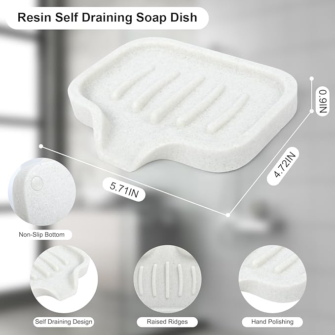 Self Draining Soap Dish- Bar Soap Holder for Shower, Marble Design Large Soap Savers Soap Tray Sponge Holder for Kitchen Bathroom Bathtub Sink, Crystal White