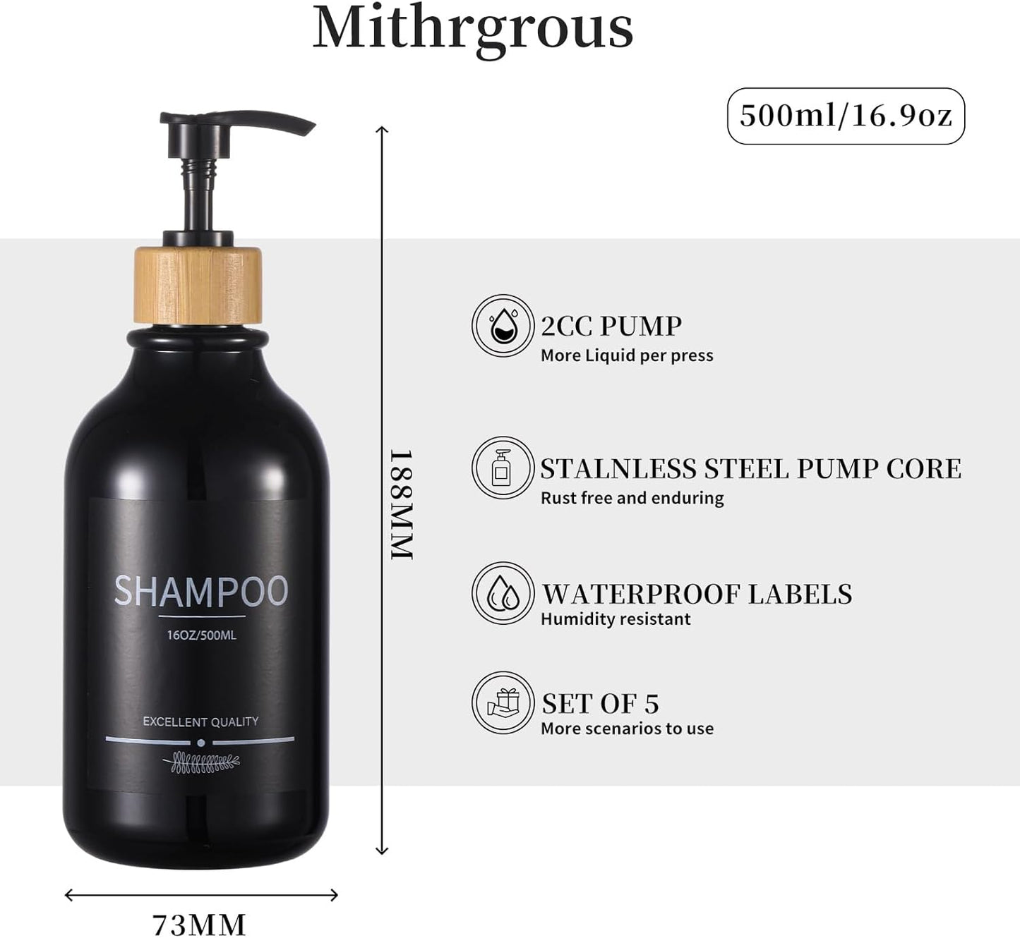 Shampoo and Conditioner Dispenser Bottles,5Pack Dispenser Bottles Refillable,16.9oz Shower Containers for Conditioner,(Black) Bathroom Shampoo Dispenser Set