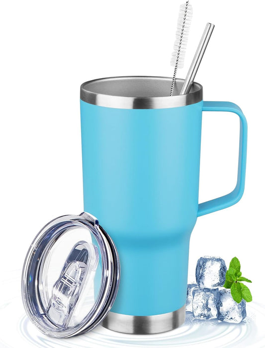 20oz Insulated Tumbler with Handle Stainless Steel Travel Coffee Mug with Lid and Straw Double Wall Vacuum Leak-proof Reusable Thermal Water Cup for Hot and Cold Drinks (Sky blue,1 Pack)