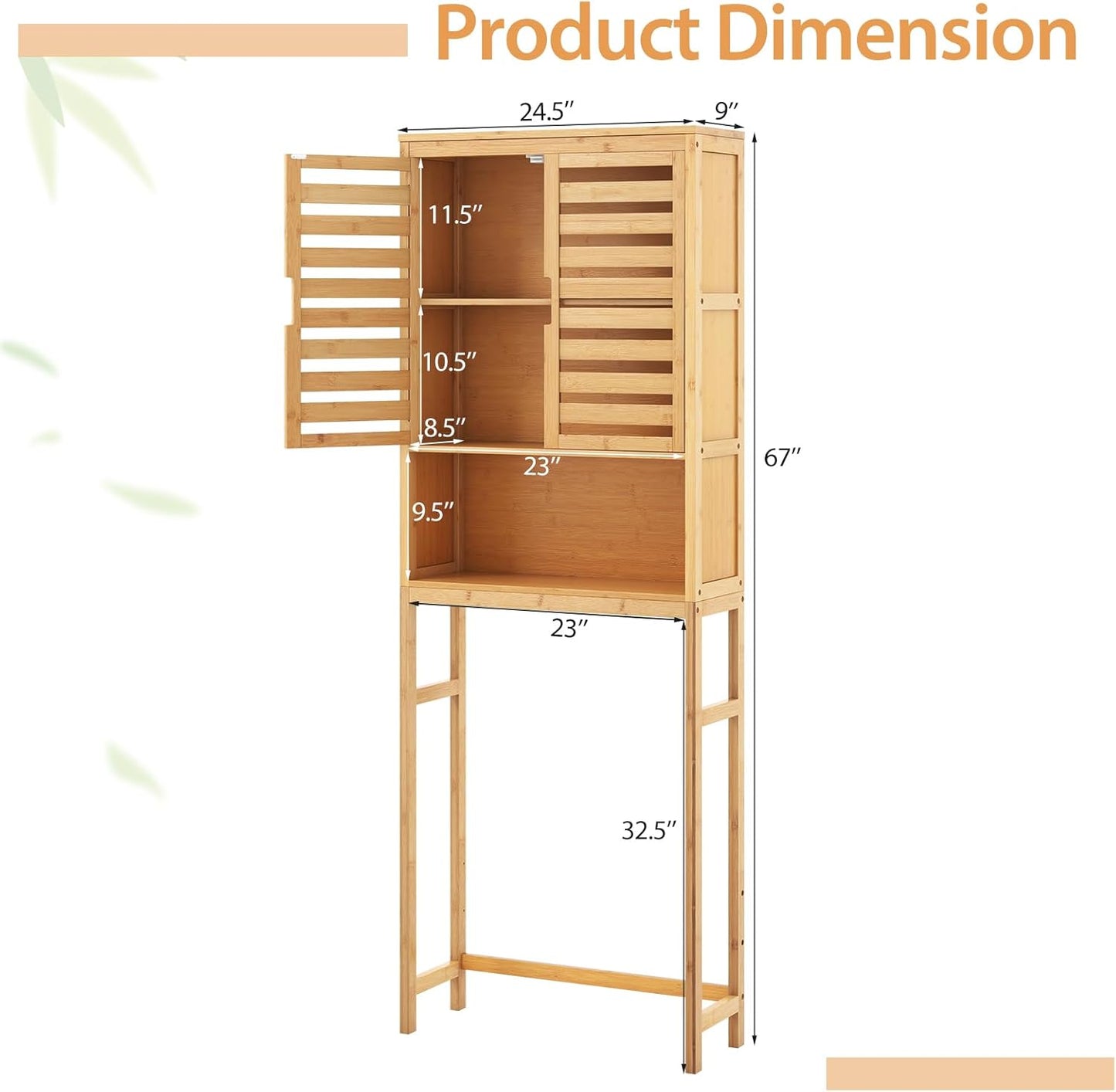 Tangkula Over The Toilet Storage Cabinet, Bamboo Bathroom Space Saver with 2 Doors, Adjustable Bottom Bar, Open Shelf, Freestanding Bathroom Cabinet Organizer Above Toilet for Restroom, Laundry Room