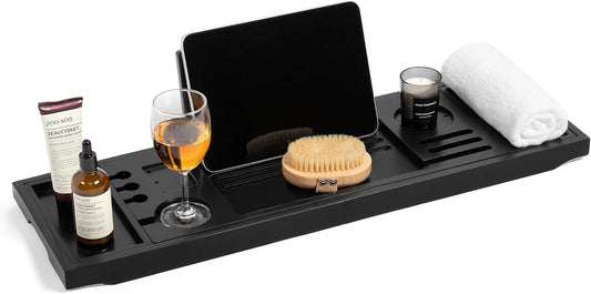Teak Bathtub Tray | Adjustable Width Tray with Wine Holder, Tablet/Phone & Book Stand, Splash-Proof for Bath Time- Black