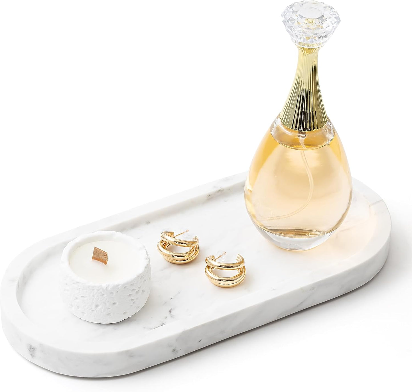 WORHE Natural Marble Vanity Tray Italy Oval Stone Trays for Candles Perfume, Decorative Jewelry Dish for Small Items, Countertop Storage Organizer for Home Bathroom Kitchen Matte Surface White (BH101)