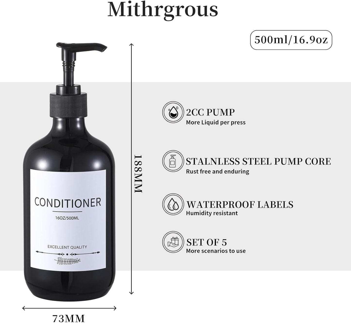 Stylish Shampoo Dispenser Bottles,(5Pack)16.9oz Black Shampoo Bottles Refillable with Pump,Shampoo and Conditioner Dispenser