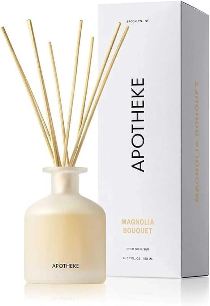 Apotheke Luxury Scented Reed Diffuser for Home, Magnolia Bouquet - 6.7 Fl Oz Essential Oil Aromatherapy - 10 Rattan Scent Sticks Room Diffuser - Long-Lasting Fragrance for Bedroom, Home, Bathroom