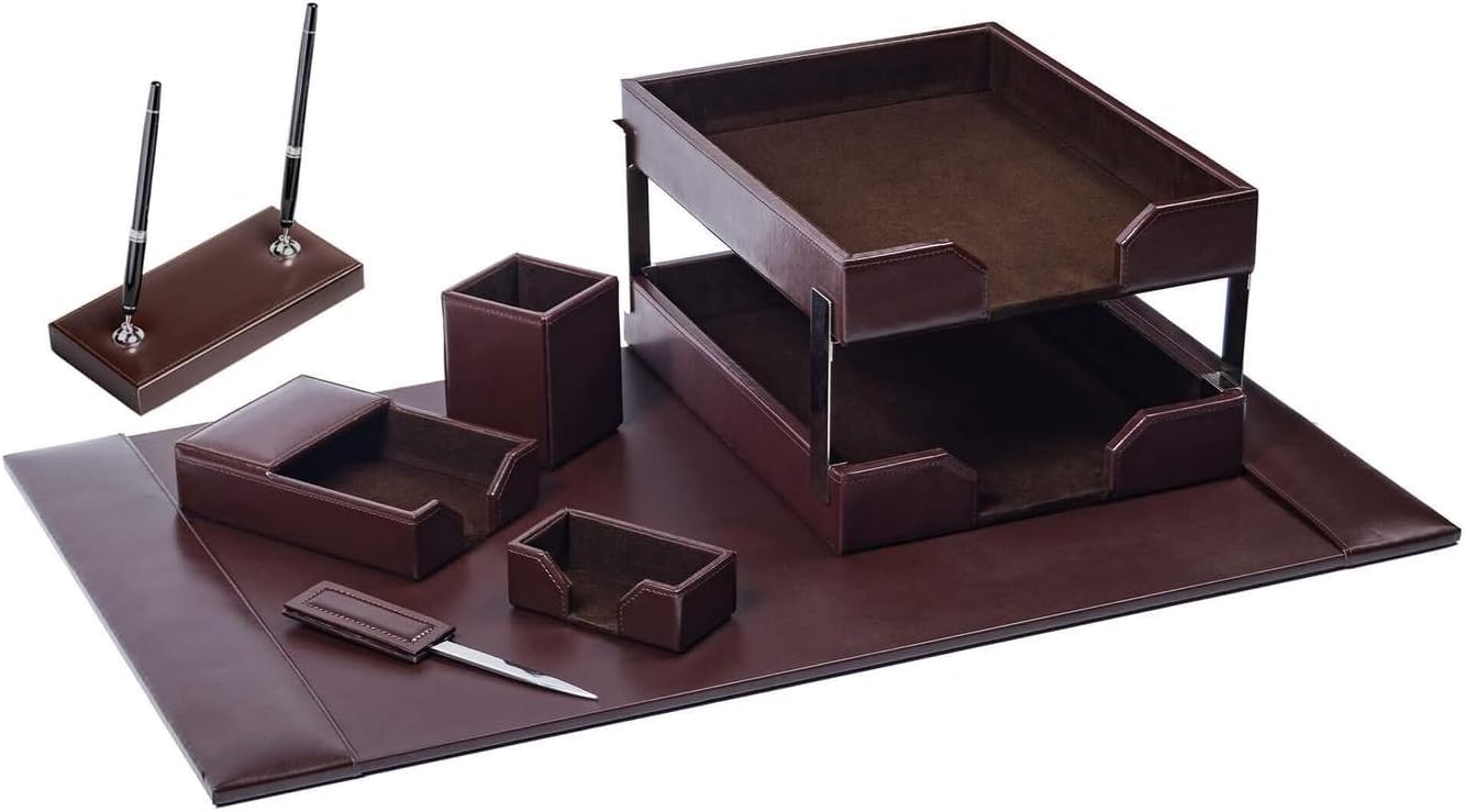 Dark Brown Bonded Leather 9-Piece Desk Set