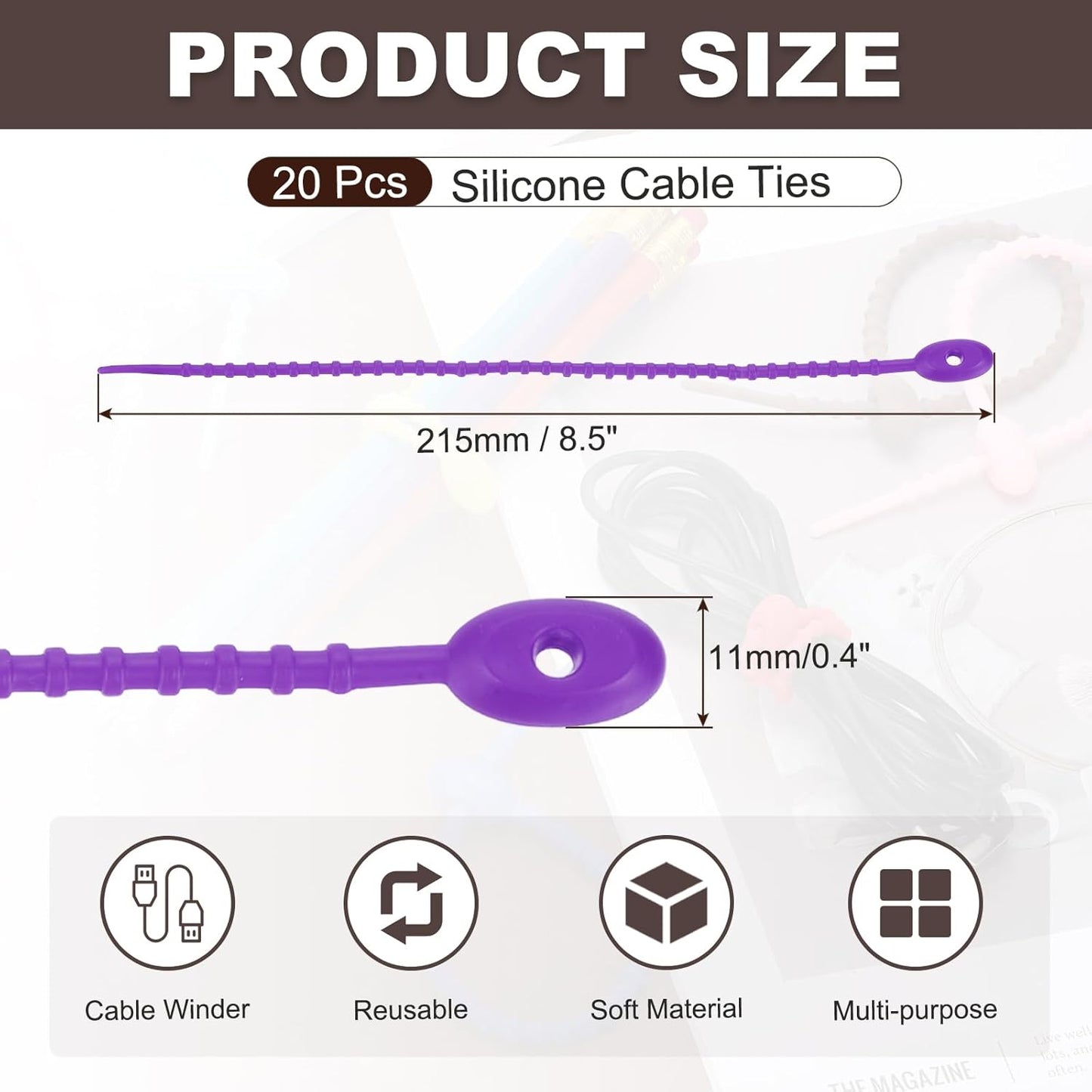 uxcell 20 Pcs Silicone Ties Bag Clip, 8.5 Inch Multi Purpose Silicone Zip Ties Reusable Rubber Zip Tie, Cable Strap Cord Organizer for Home Office Food Bag Wires Cables, Purple