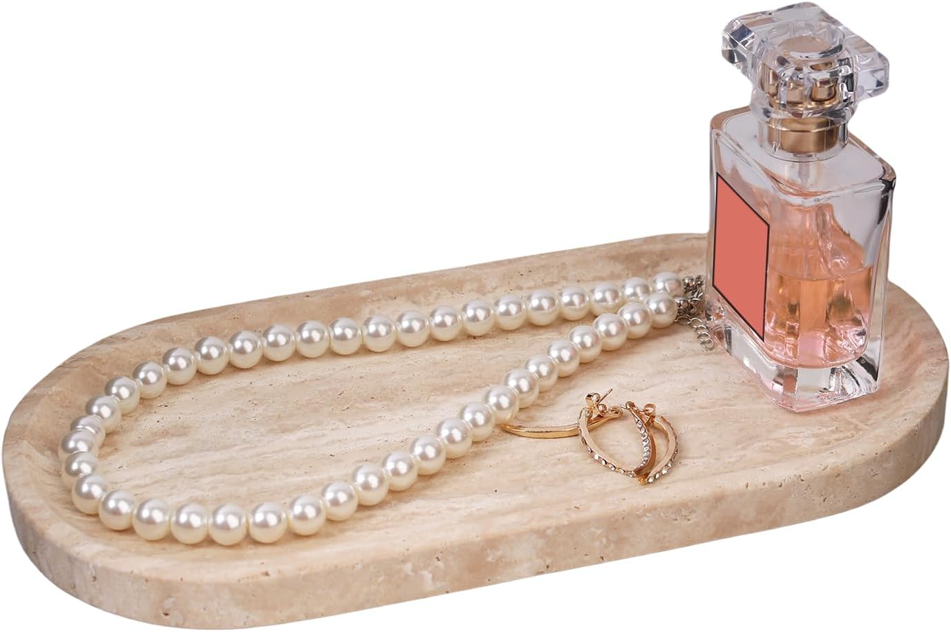 Marble Vanity Tray for Bathroom Counter, 10"x5" Travertine Decorative Tray for Perfume, Candles, Stone Jewelry Dish Tray (Travertine Beige, 9.8X4.7)