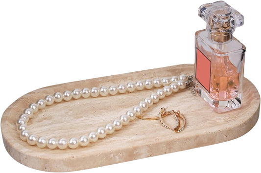 Marble Vanity Tray for Bathroom Counter, 10"x5" Travertine Decorative Tray for Perfume, Candles, Stone Jewelry Dish Tray (Travertine Beige, 9.8X4.7)