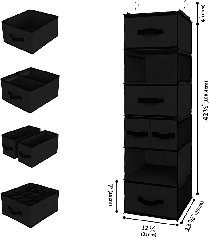 GRANNY SAYS Hanging Closet Organizer 6 Shelves, Closet Organization and Storage with 5 Different Drawers, 6 Side Pockets Wardrobe Clothes Organizer for Closet, Black, 1-Pack