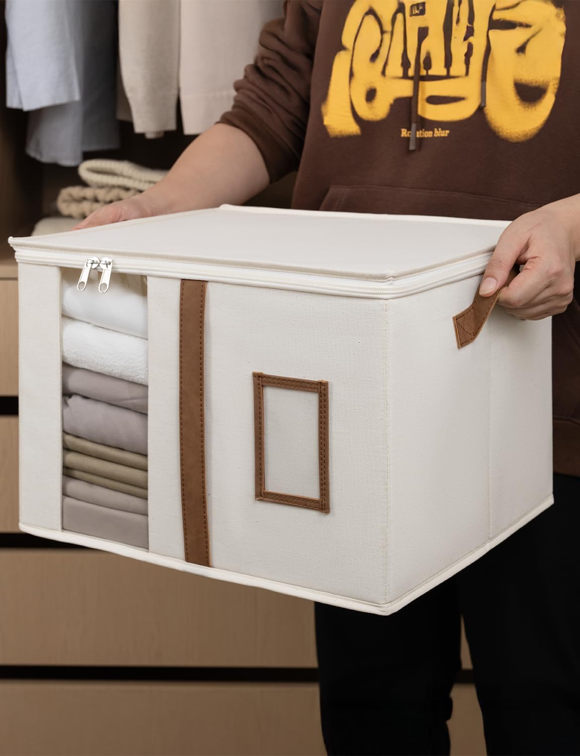 StorageWorks 3-Pack Bed Sheet Organizers and Storage, Foldable Bedsheet Holder for Linen Closet, Bedding Container with Handle, Beige, 15" D x 12¾"W x 10" H