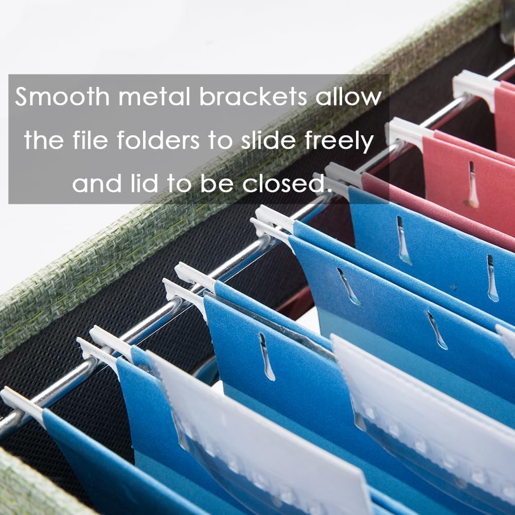 PRANDOM File Organizer Box - Set of 2 Collapsible Decorative Linen Filing Storage Hanging File Folders with Lids Office Cabinet Letter/Legal Size Green 17x14x11.2 inch