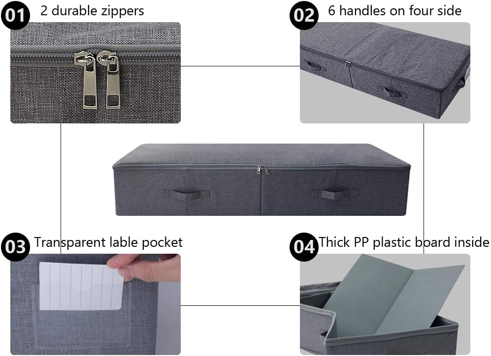 39.4 inch（100cm）Longer Bedroom Underbed Storage Containers with Lid for Duvets, Blankets, Clothes, Shoes, Toys, Comforters, Wedding Dress Folding Rigid Organizer Bins, Black Gray