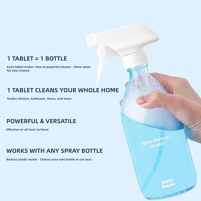 All Purpose Cleaner Starter Kit – Eco-Friendly Multipurpose Cleaner Set with Refillable Glass Spray Bottle, 12 Concentrated Cleaner Tablets & 2 Microfiber Cloths（12 x 16 Fl oz）–Plastic-Free