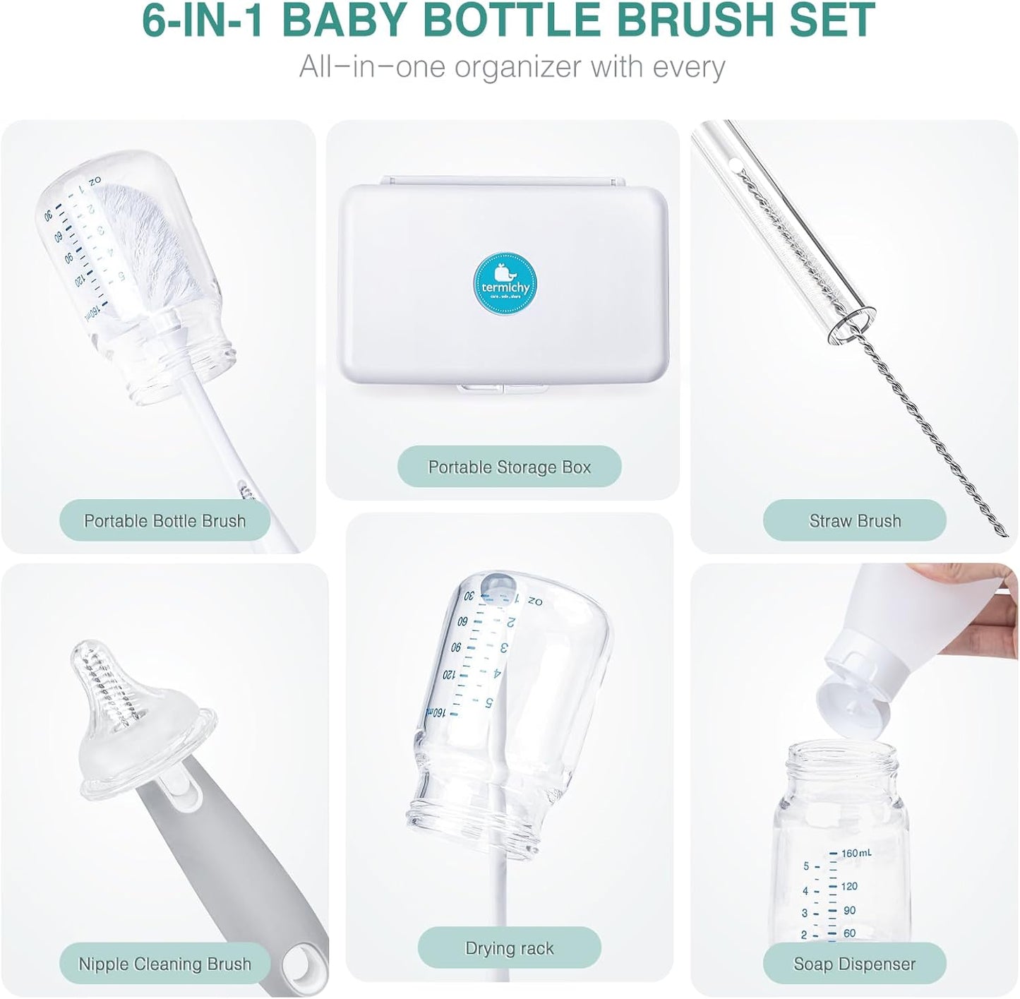 Termichy Travel Bottle Cleaning Kit: Portable Drying Rack & Brush Set for Working Moms - Compact Baby Essentials for Hotel & Camping