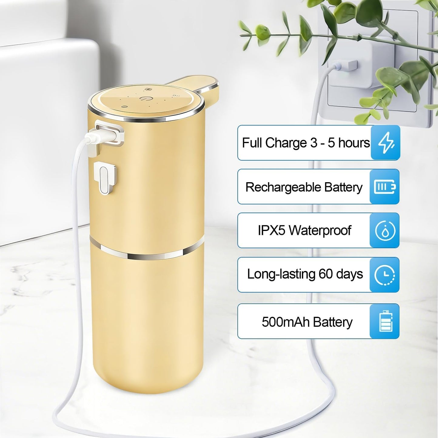 Automatic Foaming Soap Dispenser - Hand Free Pump Touchless Soap Dispenser USB Rechargeable Dispenser with 380ml, 4levels Adjustable Dispenser for Bathroom Kitchen