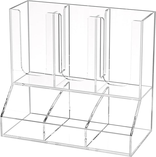 Richboom Cup and Lid Organizer, 6 Compartments with 2 Removable Dividers Coffee Station Countertop Cup Dispenser Condiment Organizer Accessories Caddy for Breakroom, Office, Home - Clear