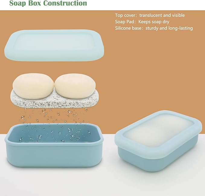 OLAMAR Solid Shampoo Bar Holder,Silicone Travel Soap Case,Enhanced Leak Proof Soap Container with Drainage Layer Soap Holder, Suitable for Bathroom,Camping and Gym (Blue, Large)