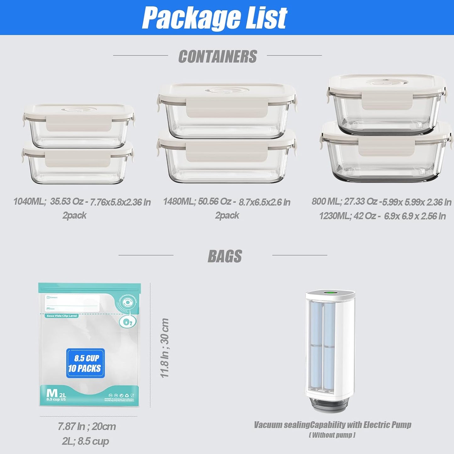 21 PCS Electric Vacuum Sealer, Borosilicate Glass Food Storage Containers, Premium Airtight, Portable Mini Vacuum Pump with 6 Containers, 10 Reusable Food Saver Sealer Bags,4 Sealing Clips