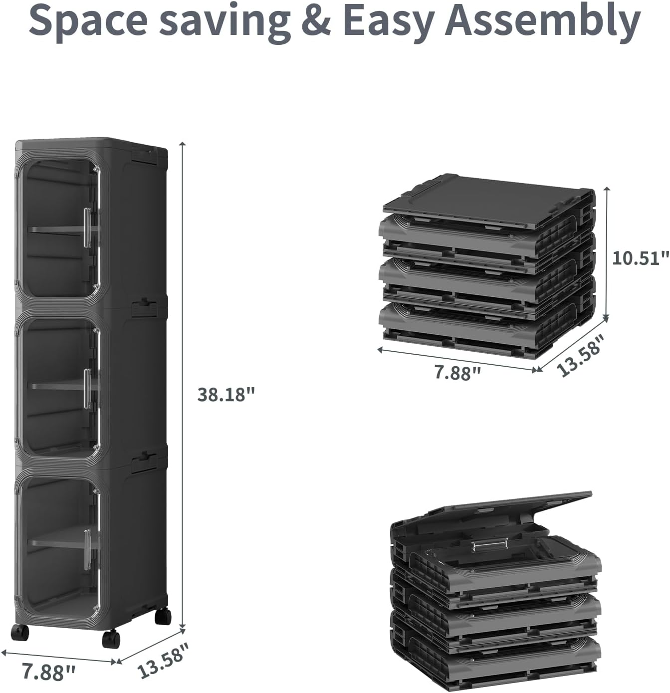 KHNR 3-Tiers Slim Bathroom Storage Cabinet, Foldable Storage Cabinets,Narrow Bathroom Storage,Movable Bathroom Storage Organizer for Small Spaces,Bathroom,Kitchen,Laundry,Black