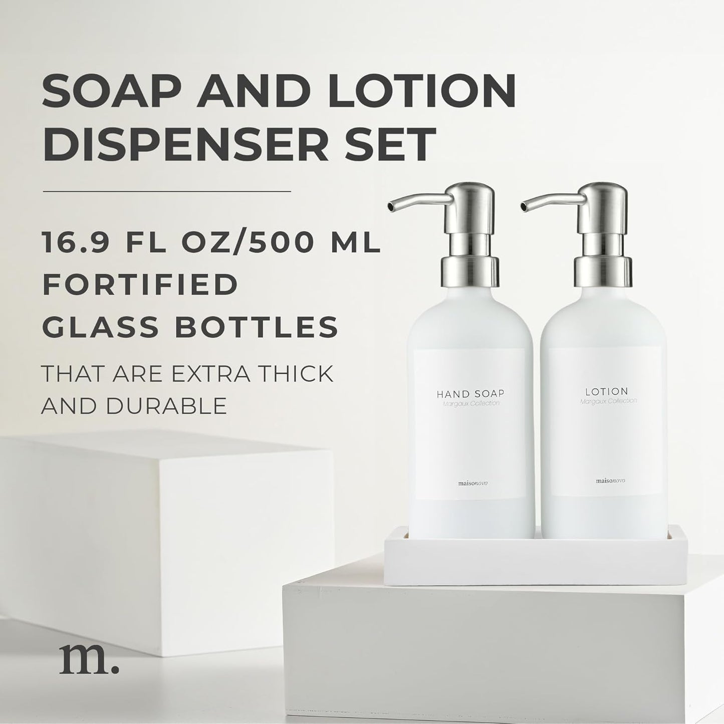 MaisoNovo Soap Dispenser 3-Piece Set | 16.9oz White Bottles with Silver Stainless Steel Pumps