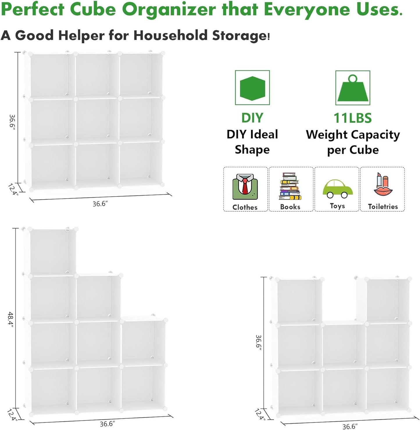 C&AHOME Cube Storage, 9-Cube Bookshelf, Plastic Closet Cabinet Organizer, DIY Stackable Bookcase, Modular Shelving Units Ideal for Home, Office, Kids Room, 36.6" L x 12.4" W x 48.4" H Milky UPCS09M