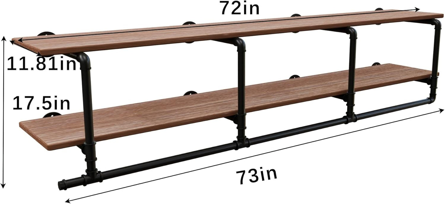 Clothes Rack 72in, Wall Mounted Garment Rack with Real Wood Shelf, Heavy Duty Hanging Clothes Rack, Multi-Purpose Hanging Rod, Space-Saving Closet Storage (2T72in)