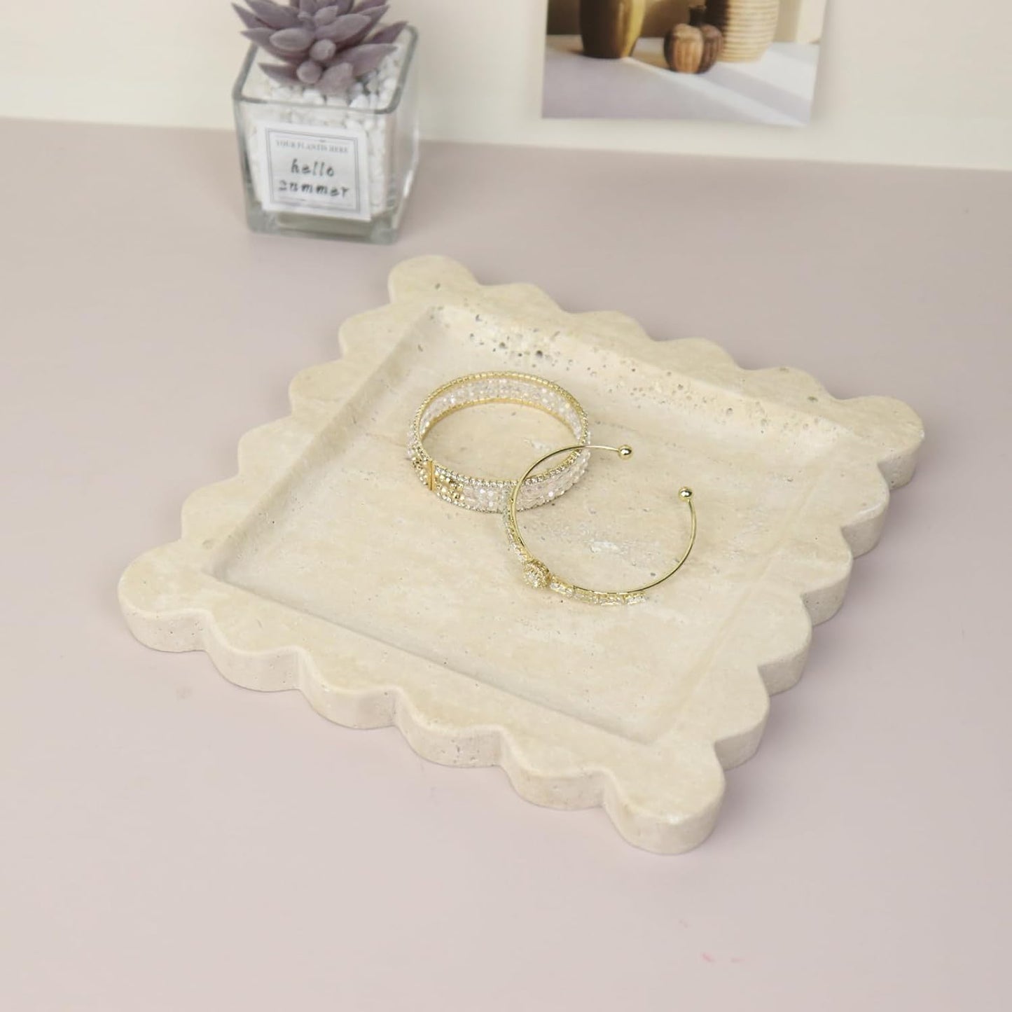 Square Marble Decorative Tray with Scalloped Edge, Luxury Natural Stone Bathroom Vanity Tray, Dresser Top Perfume Coffee Home Kitchen Sink Tray, Key Trinket Ring