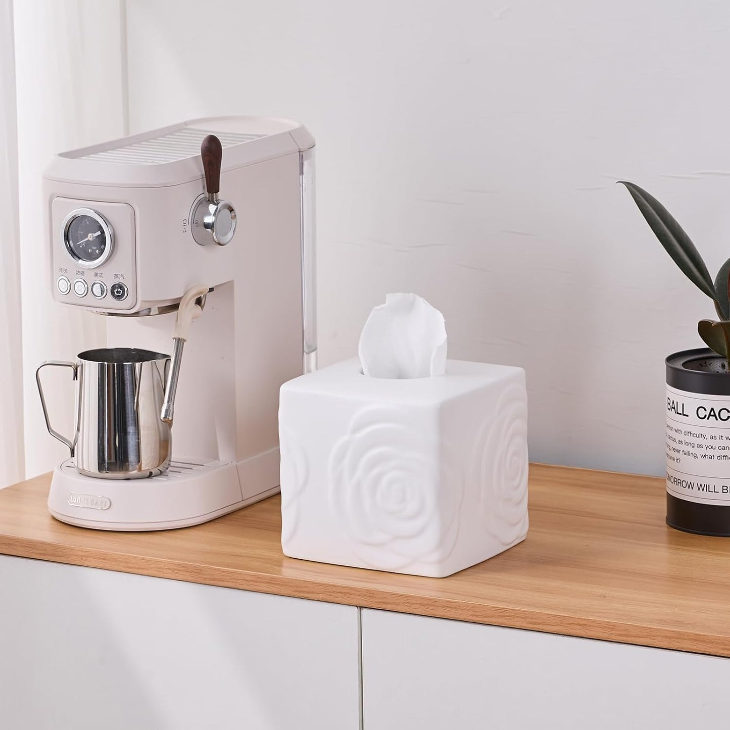 White Ceramic Rose Tissue Box Cover, Carved Flowers Large Square Tissue Box Holder Decorative for Bathroom, Vanity, Kitchen Countertop, Bedroom Night Stands, Office Desk Top