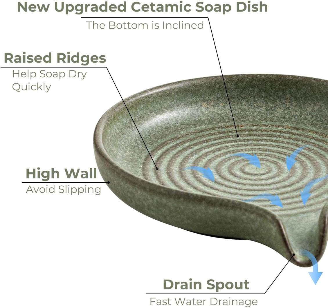 Soap Dishes, Ceramic Shower Soap Dish with Waterfall Design Bar Soap Holder Self Draining Soap Saver for Shower, Bathroom, Sink, Kitchen and Countertop, Green