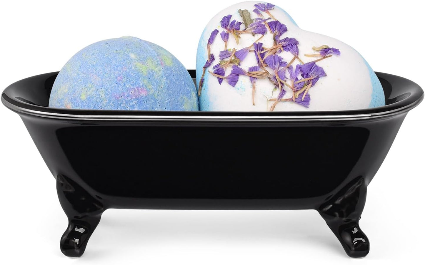 6.5" Ceramic Mini Decorative Clawfoot Bathtub Bar Soap Dish, Kitchen Sponge Holder and Shower Tray for Bathroom, 1 Pack (Black Silver Rim)