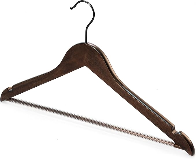 TOPIA HANGER Heavy Duty Wood Coat Hangers in Smooth Retro Finish, Boutique Quality Wooden Suit Hangers-Thicker Non-Slip Rubber Pants Bar and Extra Smoothly Cut Notches-360° Black Hook-18 Pack CT04A