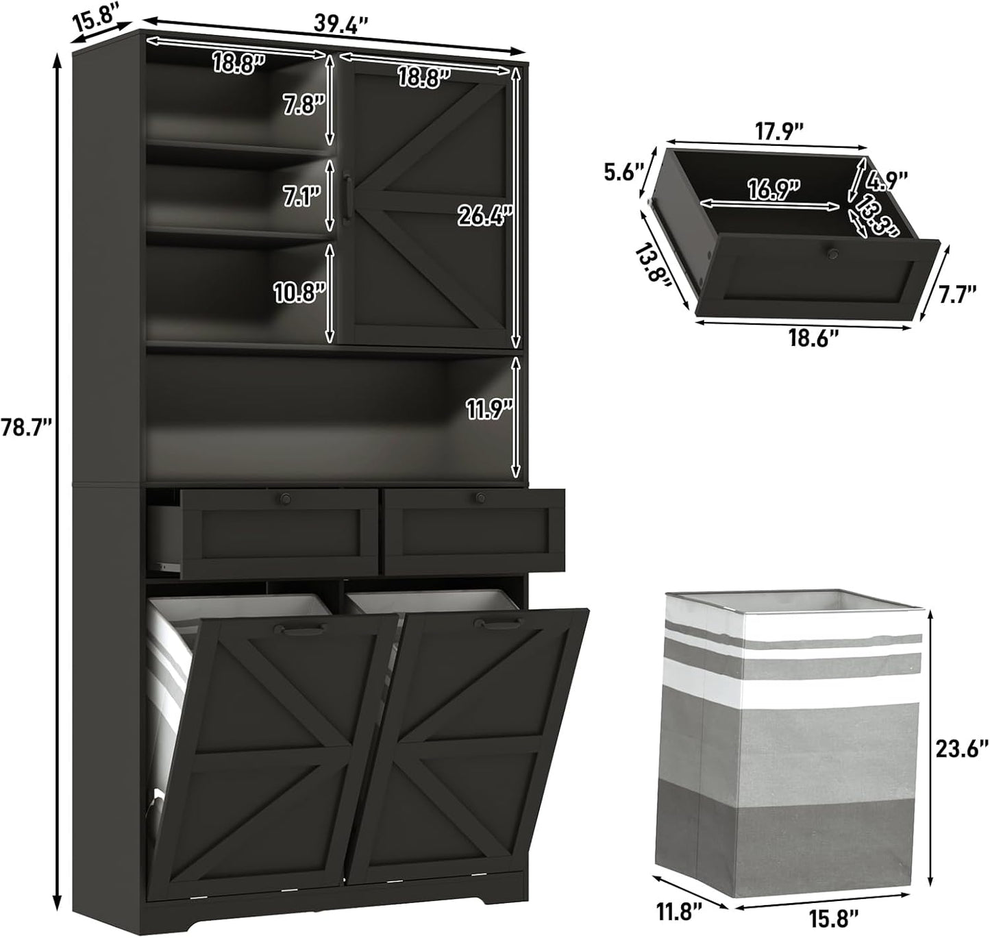 78" Tall Tilt-Out Double Doors Laundry Cabinet Hamper w Hidden Laundry Hamper,Large Pull Out Laundry Room Storage Cabinets,Kitchen Double Tilt Out Trash Cabinet,13X2 Gallon Bathroom Organizers(Black)