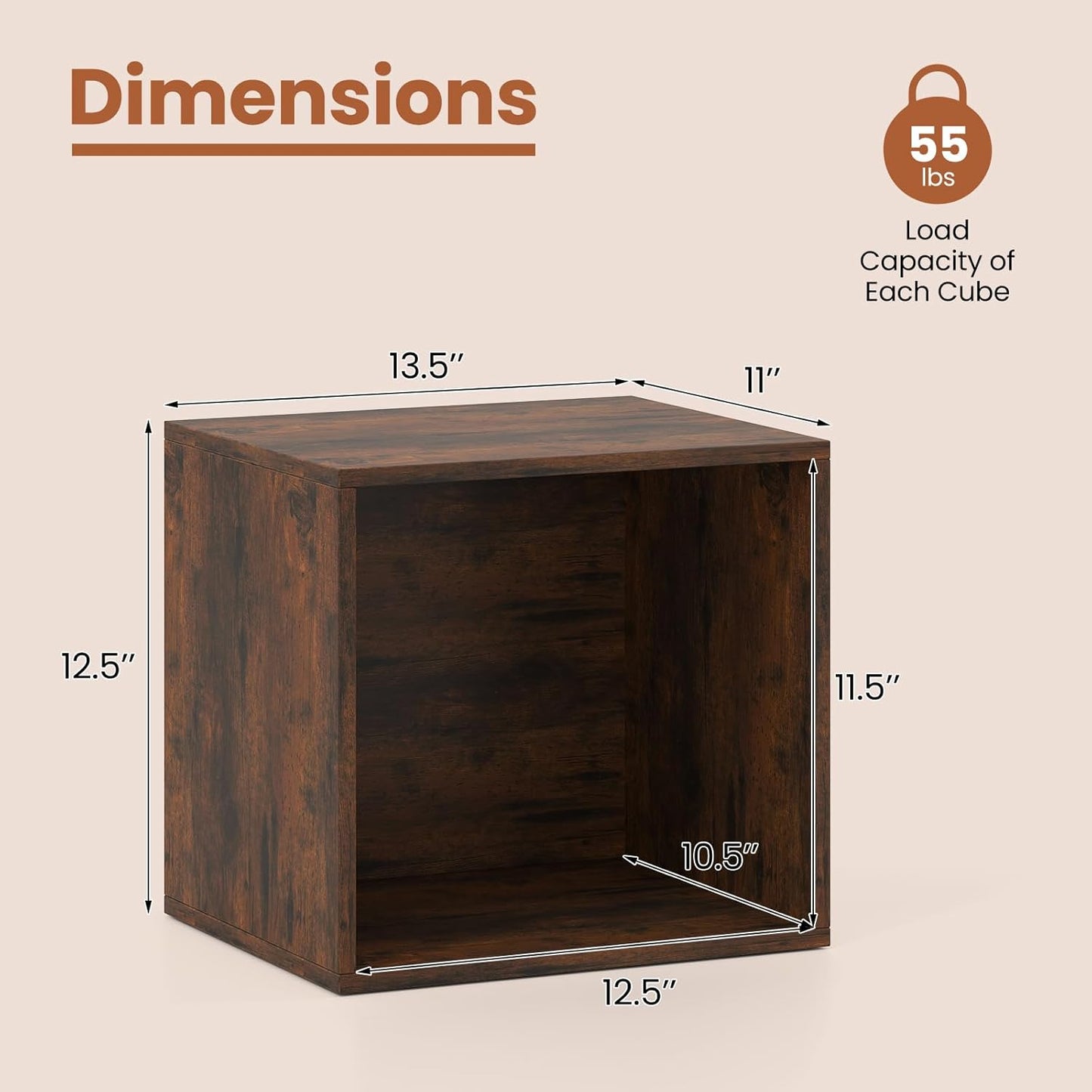 Stackable Cube Bookshelf, Modular Cubby Storage Organizer, Small Bookcase for Small Spaces, Combination Cubical Shelf, Wooden Display Shelving Unit (Rustic Brown, 2-Cube)