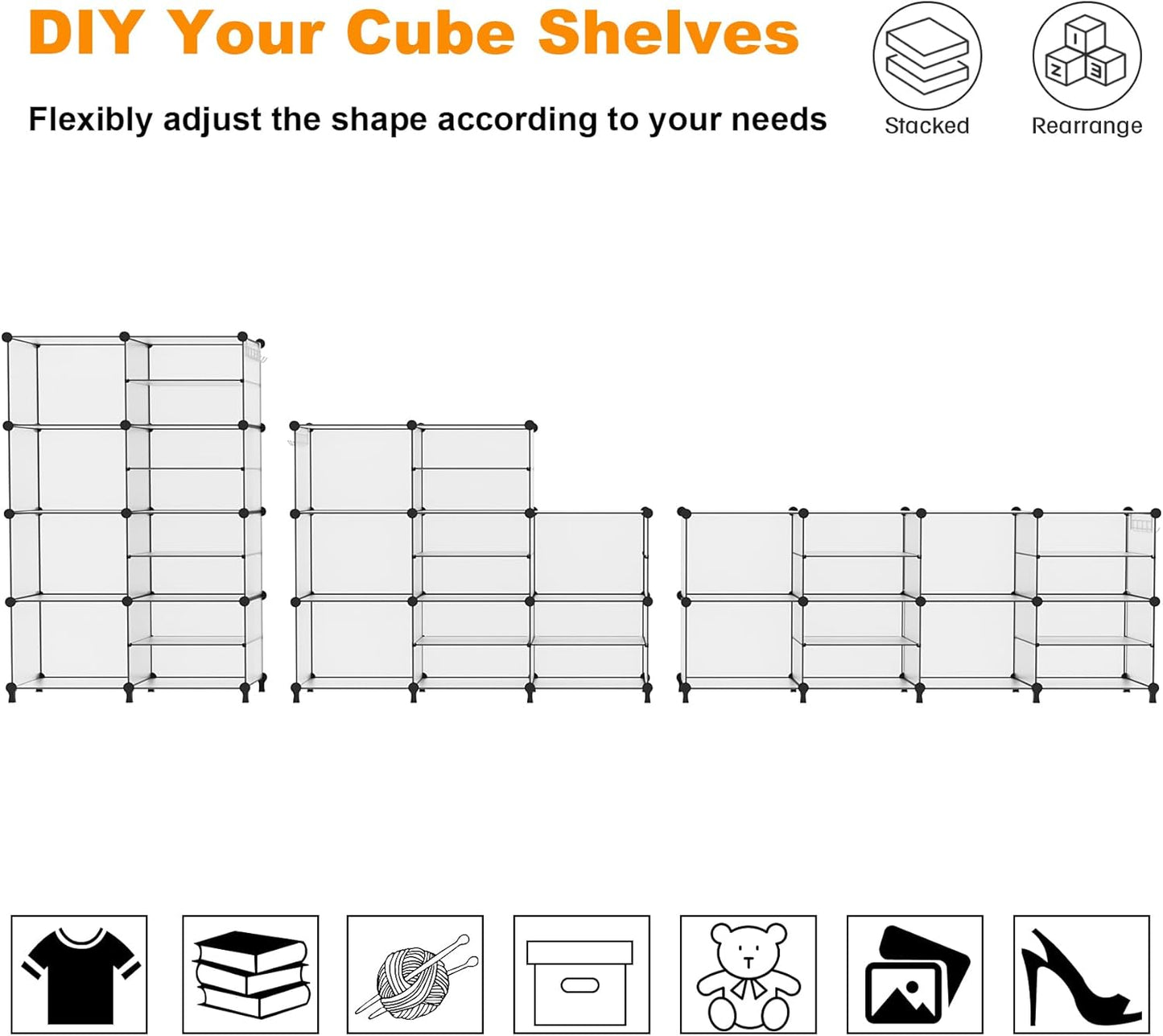 AWTATOS Closet Organizer 8 Cube Storage Shelves Clothes Organizers Closet Storage Stackable Cubby Shelving for Closet Bedroom Living Room Translucent