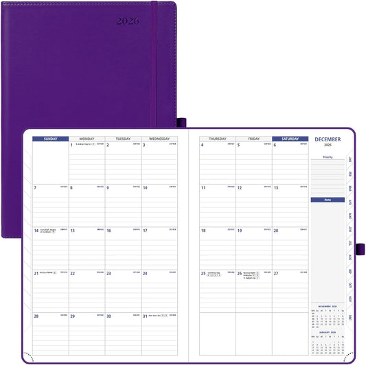 POPRUN Monthly Planner 2026-2027 (Large-8.25'' x 11.75''), 16 Months Calendaer (Dec 2025-Mar 2027) Appointment Book with Stair Tabs, Inner Pockets, Pen Holder, PU Leather Softcover - Purple