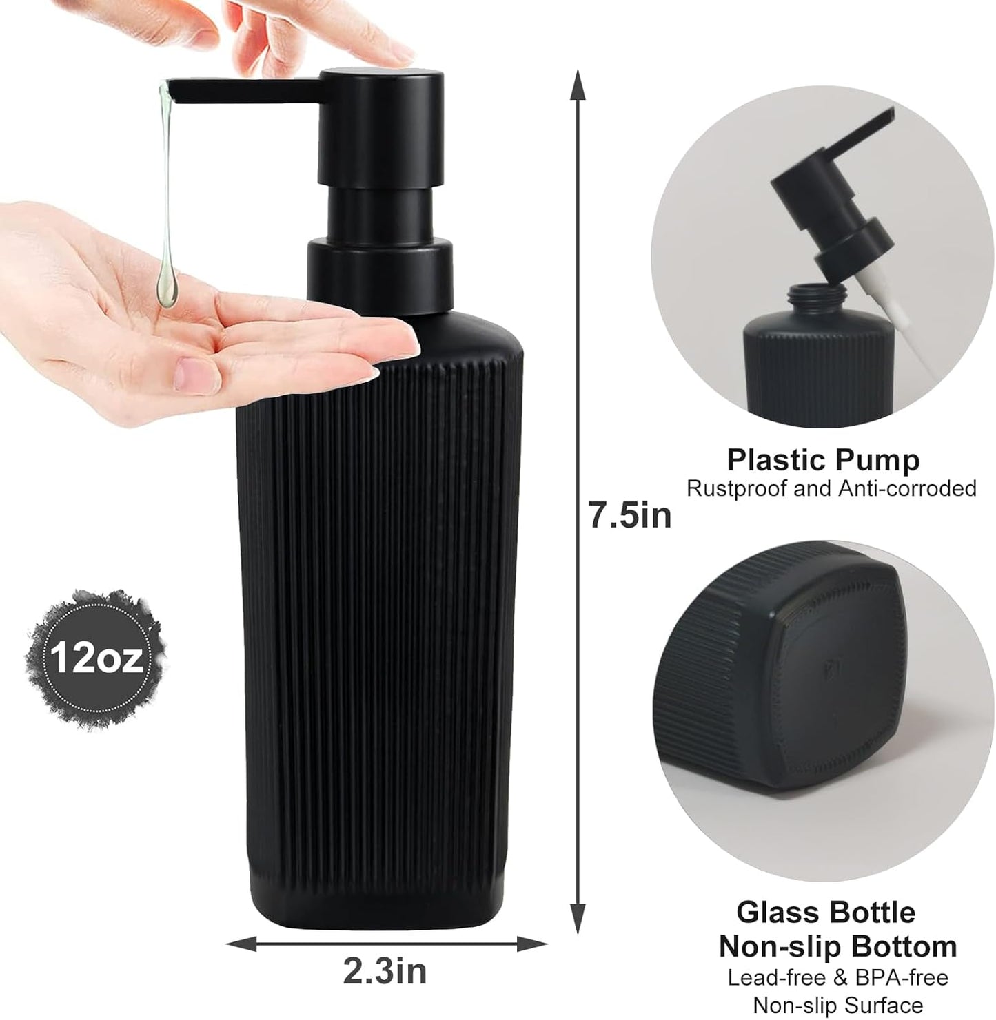 Black Pump Glass Soap Dispenser, 12oz Stripe Countertop Refillable Liquid Bottle, Hand Dish Lotion Dispenser with Plastic Pump, for Kitchen, Bathroom