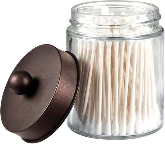 Amolliar Apothecary Jars Bathroom Storage Organizer - Cute Qtip Dispenser Holder Vanity Canister Jar Glass with Lid for Cotton Swabs,Rounds,Bath Salts,Makeup Sponges,Hair Accessories/Bronze (1 Pack)