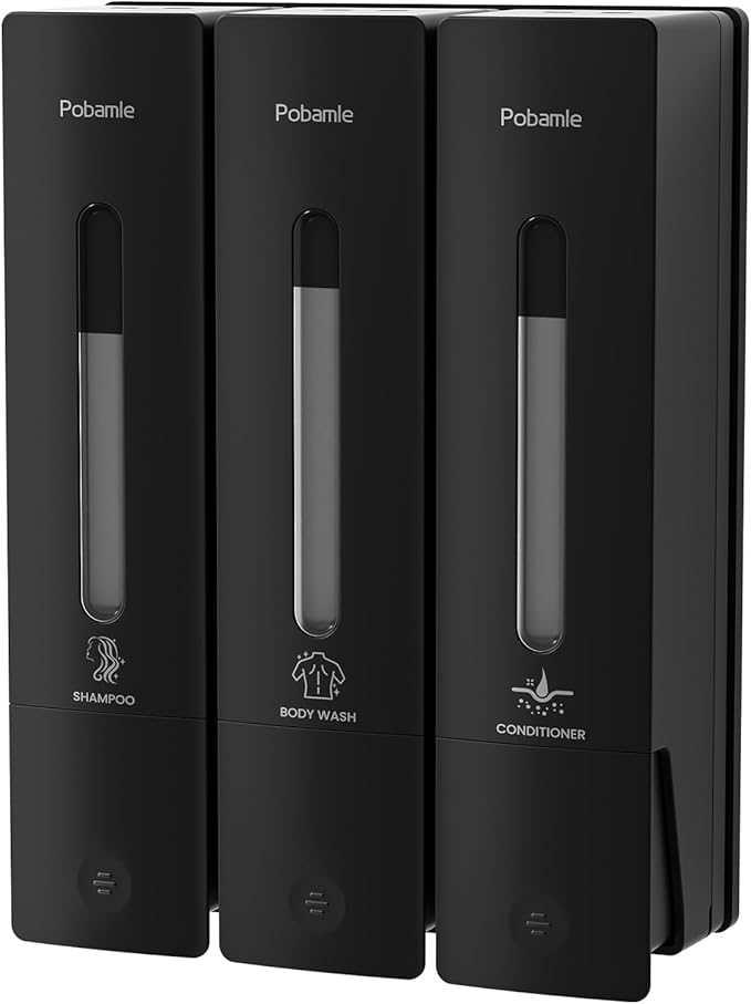 1984 Shower Soap Dispenser Bathroom Set Shampoo Conditioner Body Wash Dispenser Wall Mounted Shower Shampoo Dispenser 3 Chamber No Drill for Home Star Hotel 3 x 400ml Black