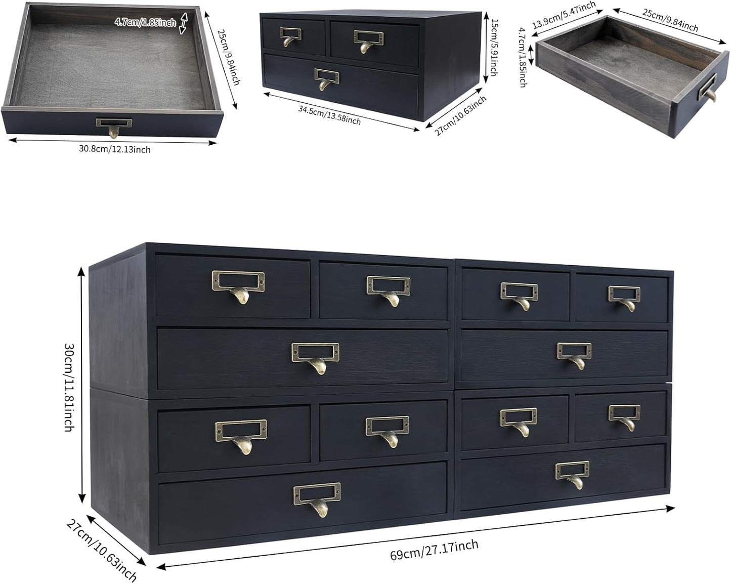 4-Piece Desktop Organizer Set with 3 Drawers, Wood & Metal Drawer Storage, Wooden Desktop Organizer for Store Cosmetics, Jewelry, Letters, Papers, Tea Bags, Sugar Packets (Black)