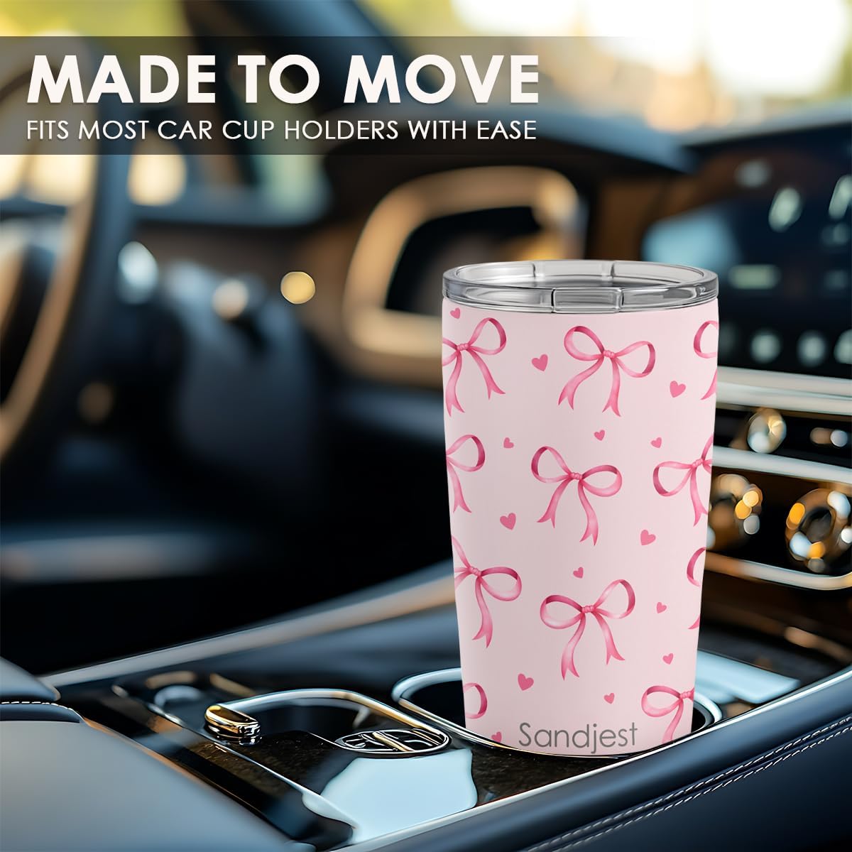 SANDJEST Bow Tumbler 20oz Stainless Steel Insulated, Travel Coffee Cup, Bow Gifts for Women Girls Teen, Birthday Christmas